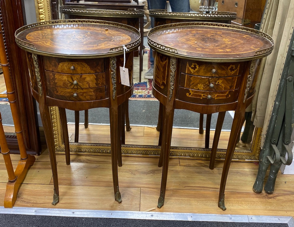 A pair Louis XVI style marquetry inlaid, gilt metal mounted three drawer bedside chests, width 44cm, depth 33cm, height 74cm.